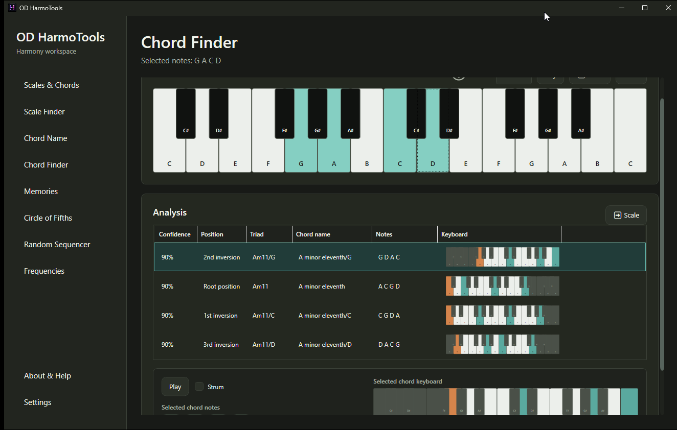 Chord finder from played notes