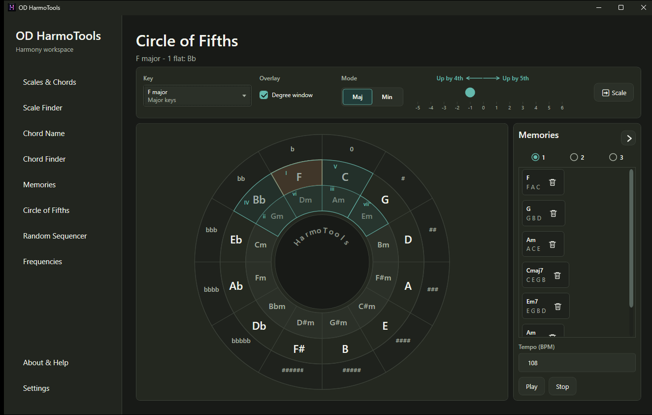 Interactive circle of fifths with a collapsible chord-progression panel in OD HarmoTools