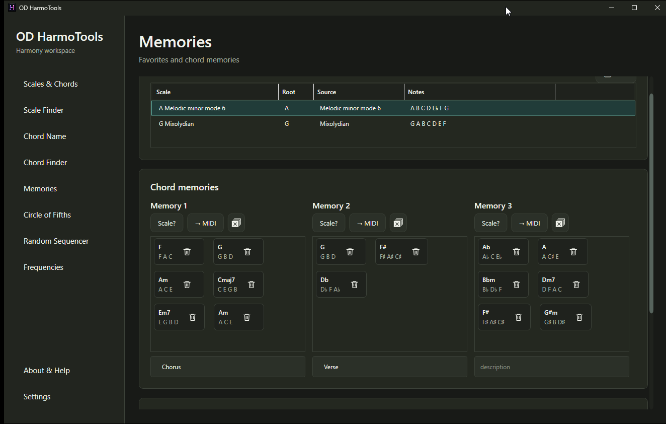 Home page with favourite scales