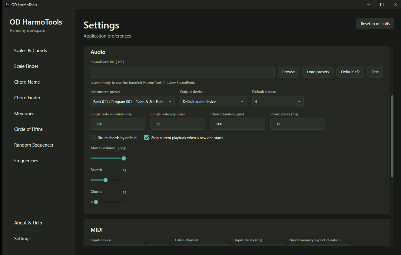 Audio and appearance settings