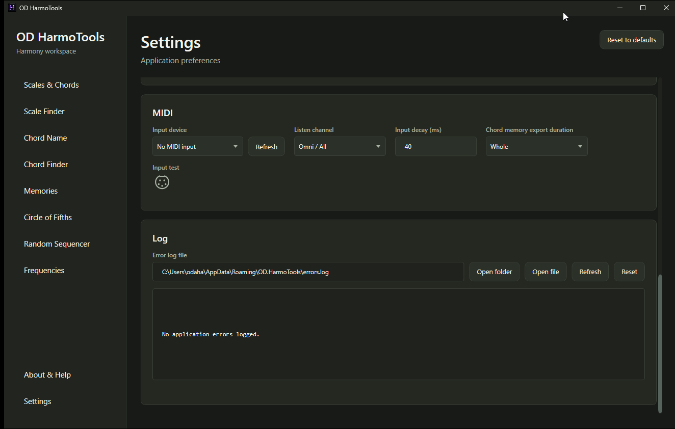MIDI and diagnostic settings