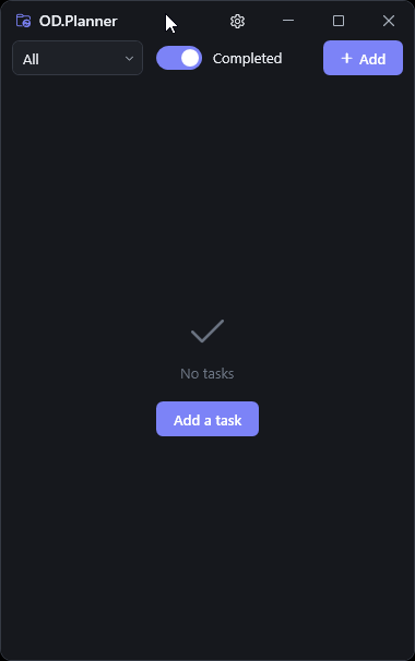 Fenêtre principale sombre d’OD.Planner vide, avec filtre, option des tâches terminées et bouton d’ajout.
