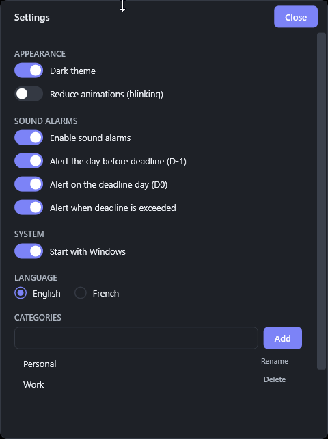 Écran des réglages d’OD.Planner en anglais : thème, animations, alarmes, démarrage Windows, langue et catégories.