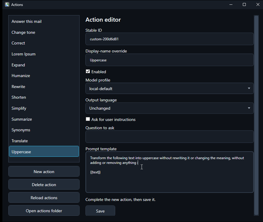 TextAid Actions editor showing a custom Uppercase action, model profile, language, and prompt template
