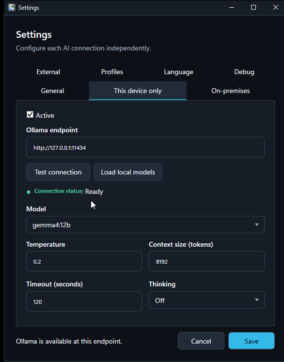 This device only settings with local Ollama ready and a model selected