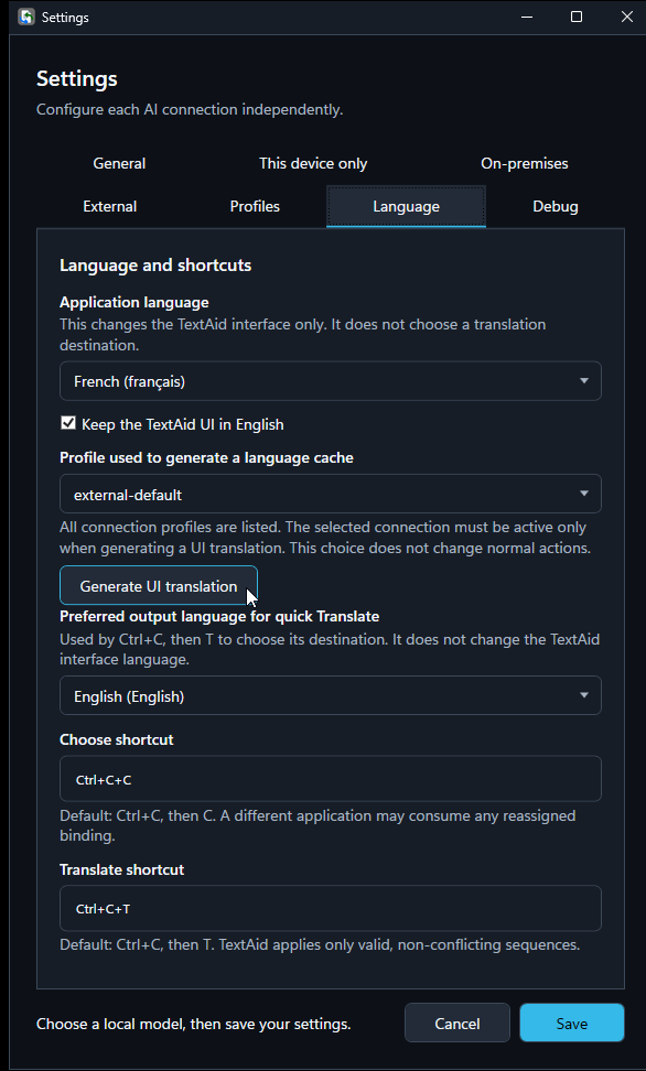 Language settings showing application language, preferred quick-translation language, and both shortcut fields
