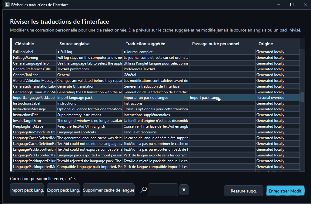 French-language Translation review window showing English source, suggested French text, a personal override, and language-pack controls